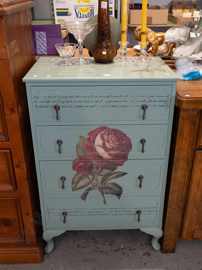 upcycled cab leg 4 drawer chest decorated with text and floral prints H940 W610 D400 Image 1++