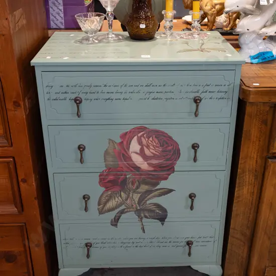 upcycled cab leg 4 drawer chest decorated with text and floral prints H940 W610 D400