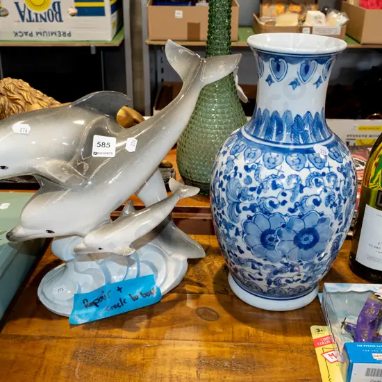 dolphin figurine - repair and crack to base, Asian vase H310