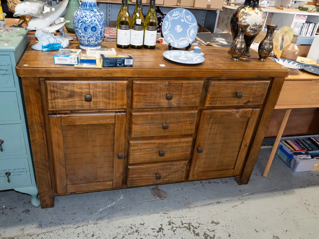 solid  pine rustic 2 door 6 drawer sideboard with cast metal handles H870 W1400 D450 Image 1++