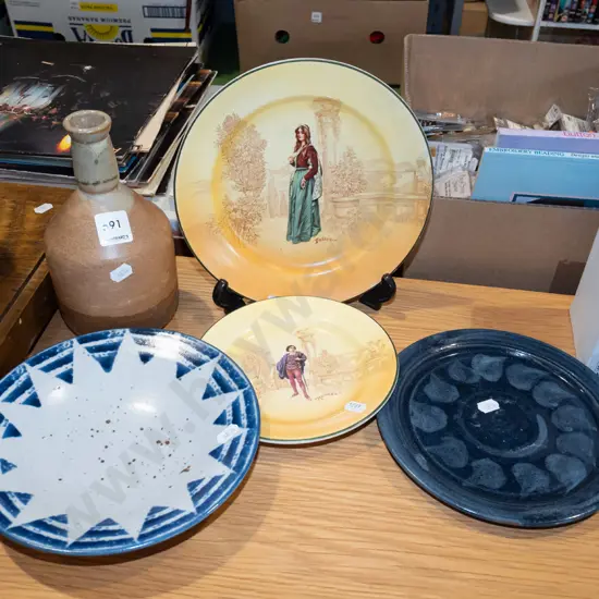 pottery vase, 2x plates, 2x Royal Doulton Shakespeare plates