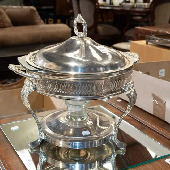 rectangular mirrored glass, plated pyrex tea candle food warmer