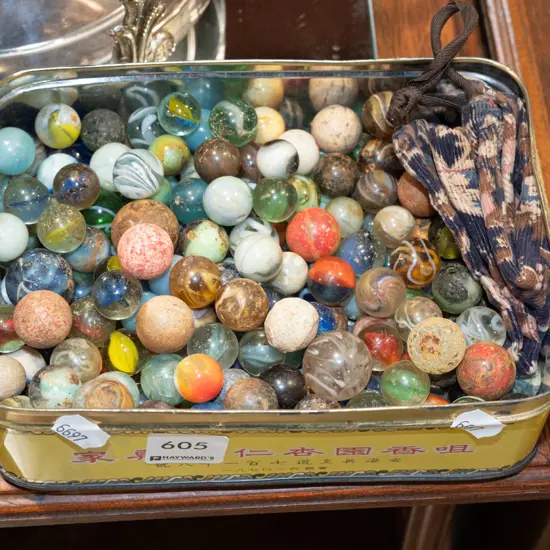 tray and vintage marbles