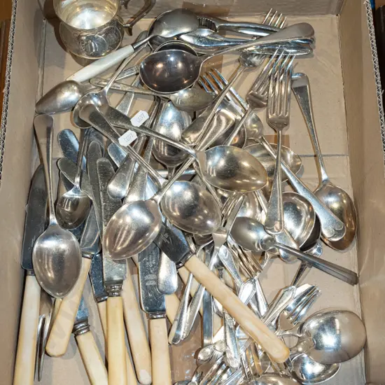 box of cutlery, plated cup