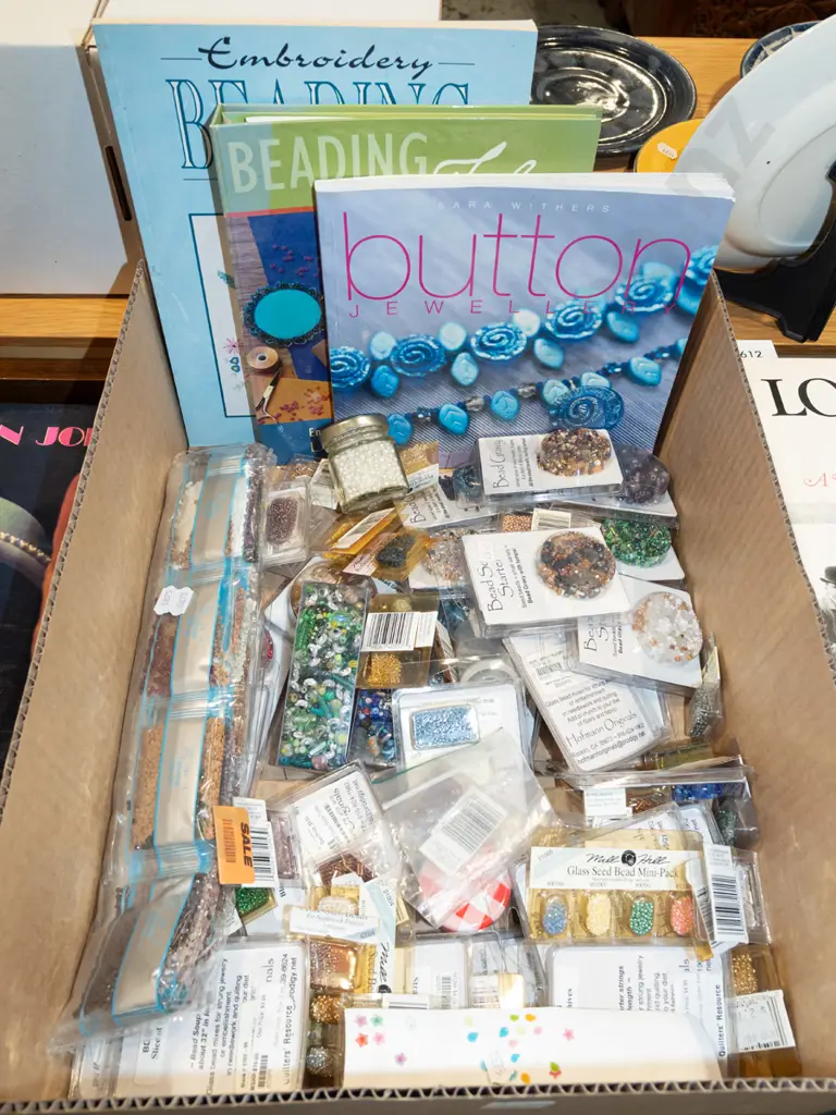 box; various beads, crafting books Image 1++