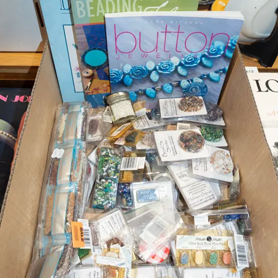 box; various beads, crafting books