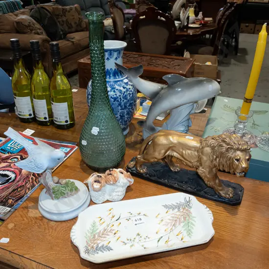 retro genie bottle - missing stopper, lion figurine, sandwich plate etc