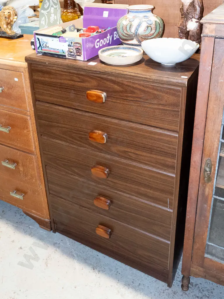 mdf faux wood veneer 5 drawer chest H930 W600 D400 Image 1++