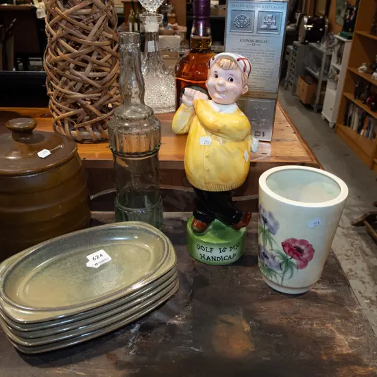 small Timaru Potteries? canister, golf figurine decanter, Radford vase etc
