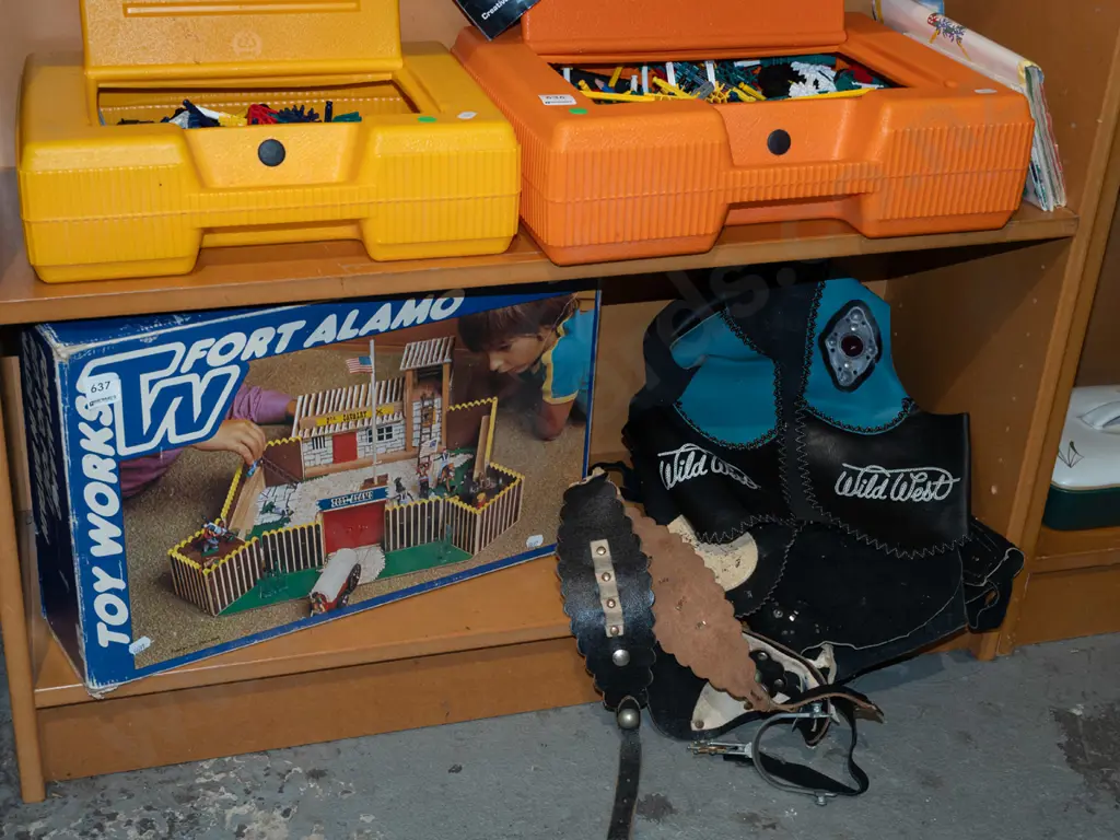 1970s Alamo toy set, pair of Wild West child's vest, chaps Image 1++