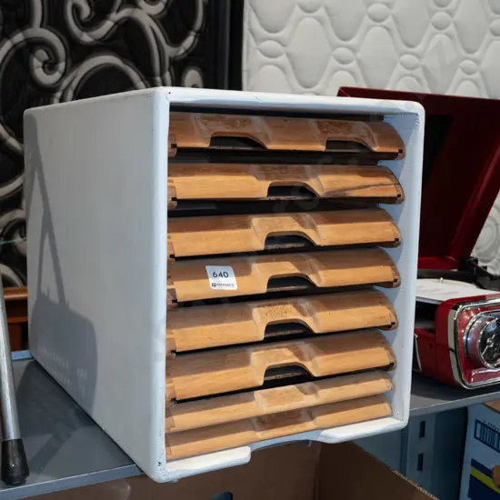 painted wooden box with 8 long wooden pull out trays H320 W450 D270