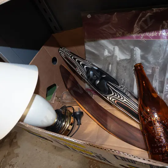 box; ceramic table lamp, boomerang, souvenir mask etc