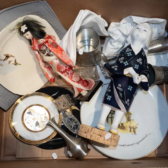box; Asian figurines, plates, pewter ware etc
