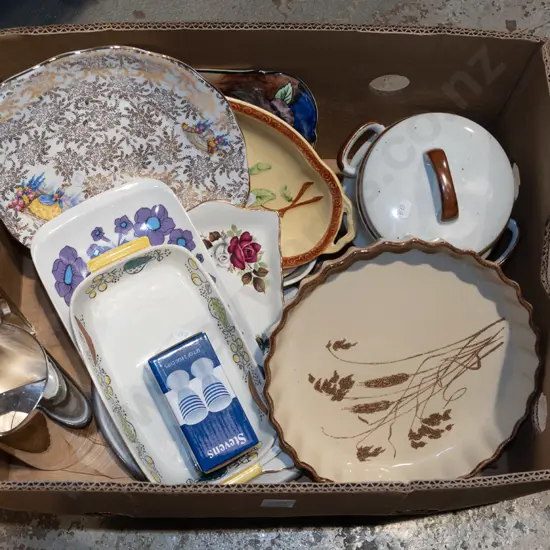 box; flan dish, stainless steel water jug, plates etc