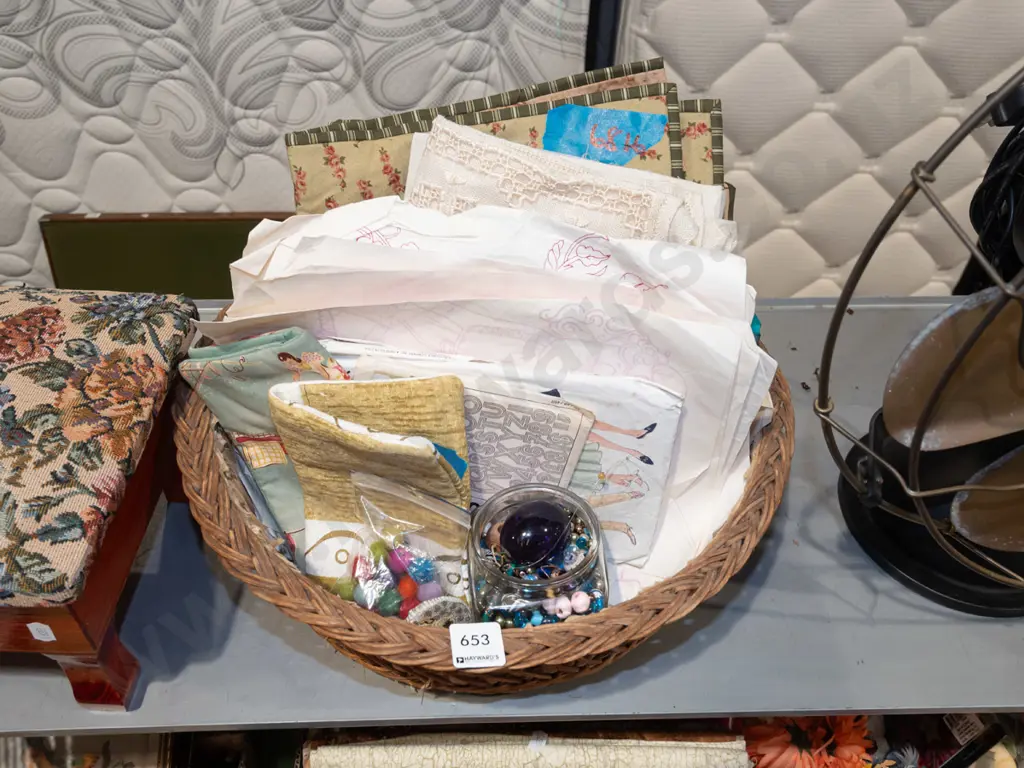 cane basket; beads, patterns, fabric etc Image 1++