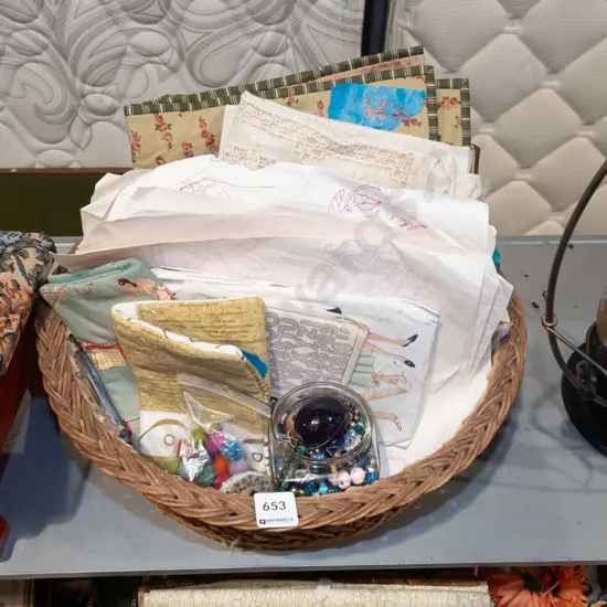 cane basket; beads, patterns, fabric etc