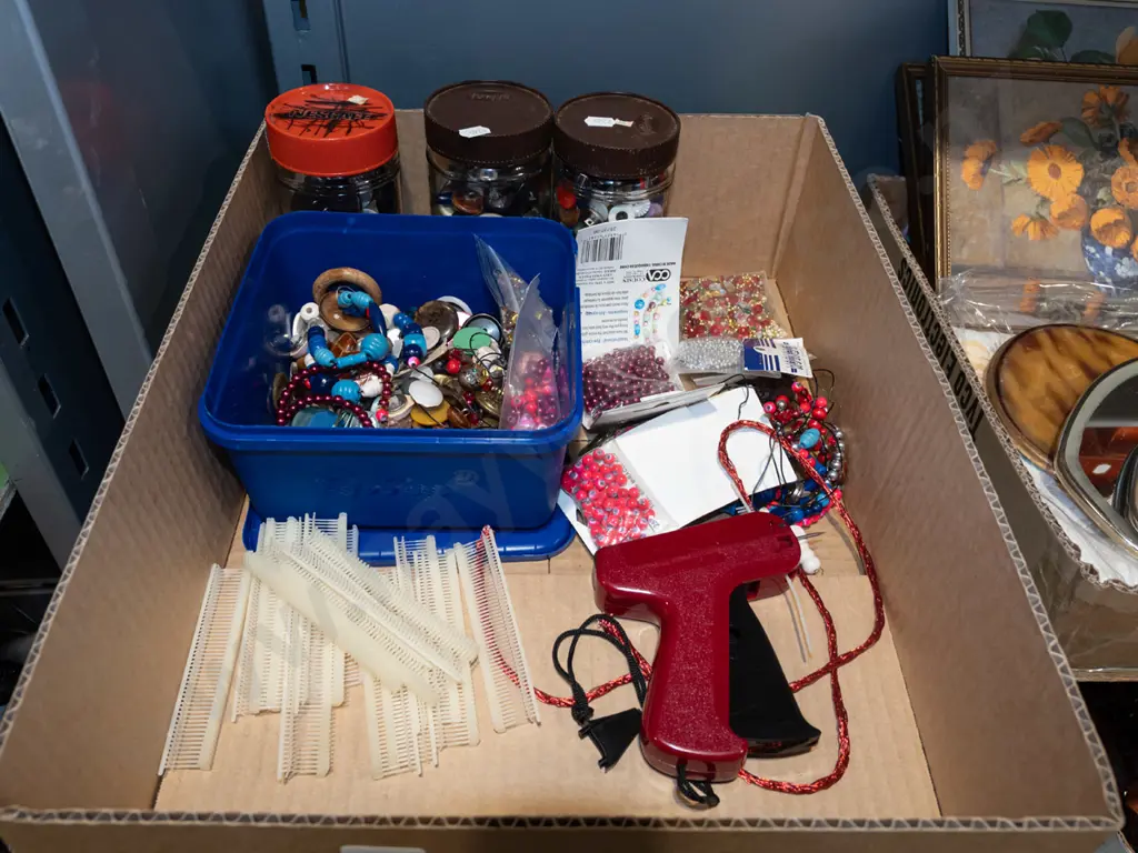 box; buttons, beads, quik stik tagging gun Image 1++