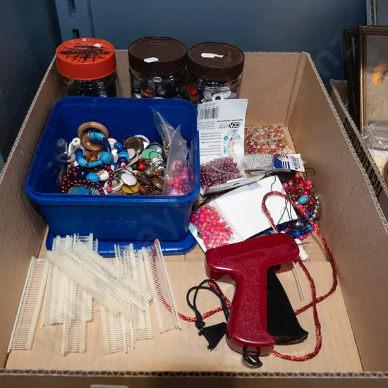 box; buttons, beads, quik stik tagging gun