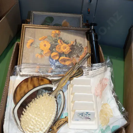 box; Irish linen, tablecloth, prints etc