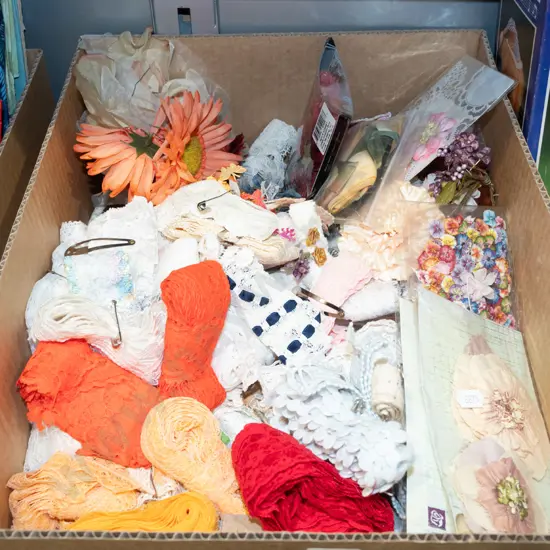 box; ribbons, fabric flowers etc