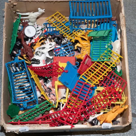 box; plastic animals, fencing etc