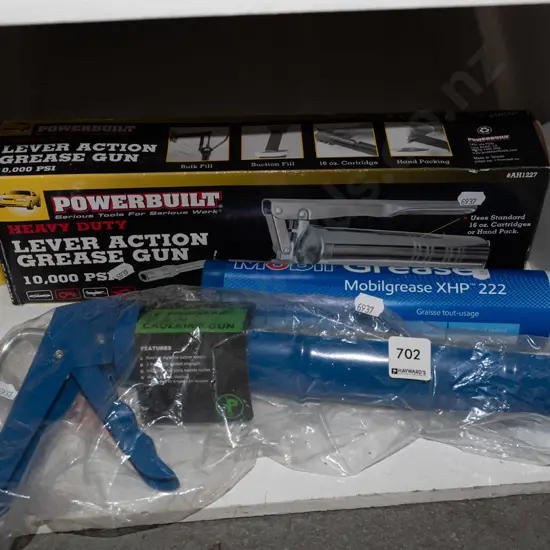 caulking gun, grease, boxed Powerbuilt grease gun