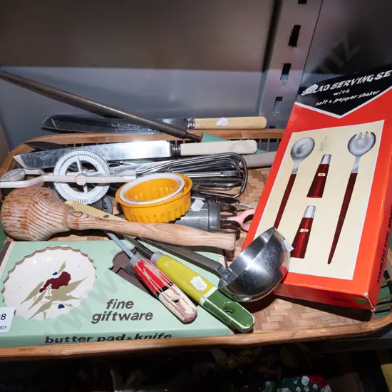 cane tray, utensils