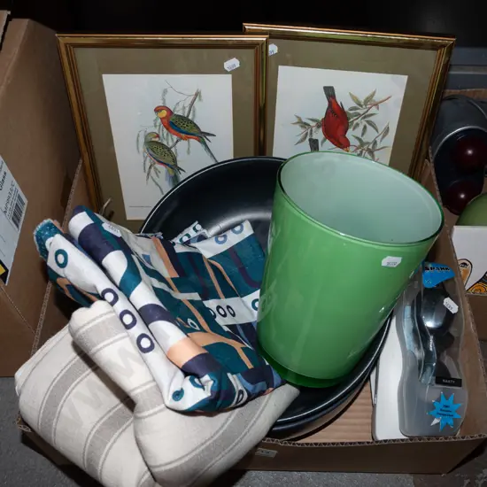 box; glass vase, print, ceramic bowls etc
