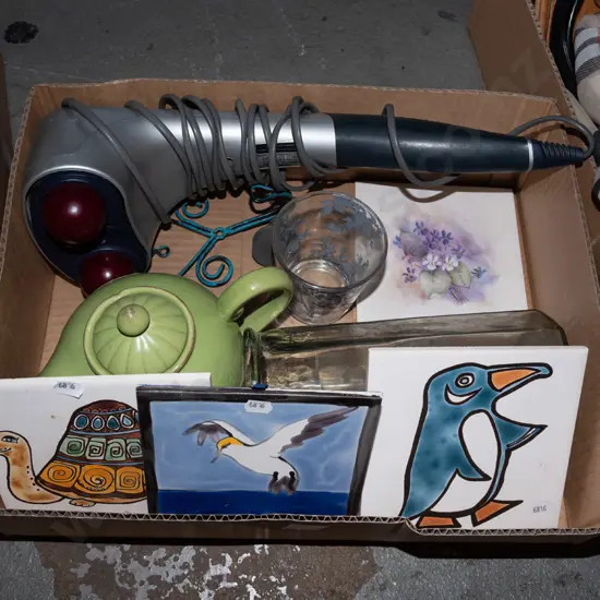box; picture tiles, hand held massager, teapot etc