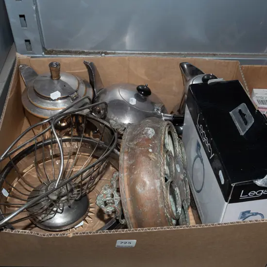 box; teapots, towel ring, glass bowl etc