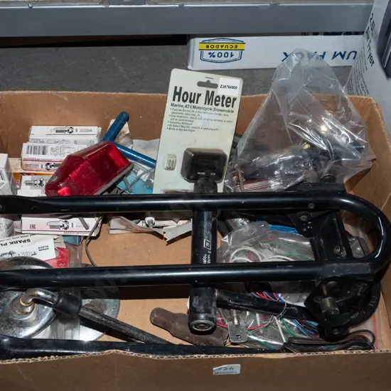 box; spark plugs, motorbike lights, bike locks etc