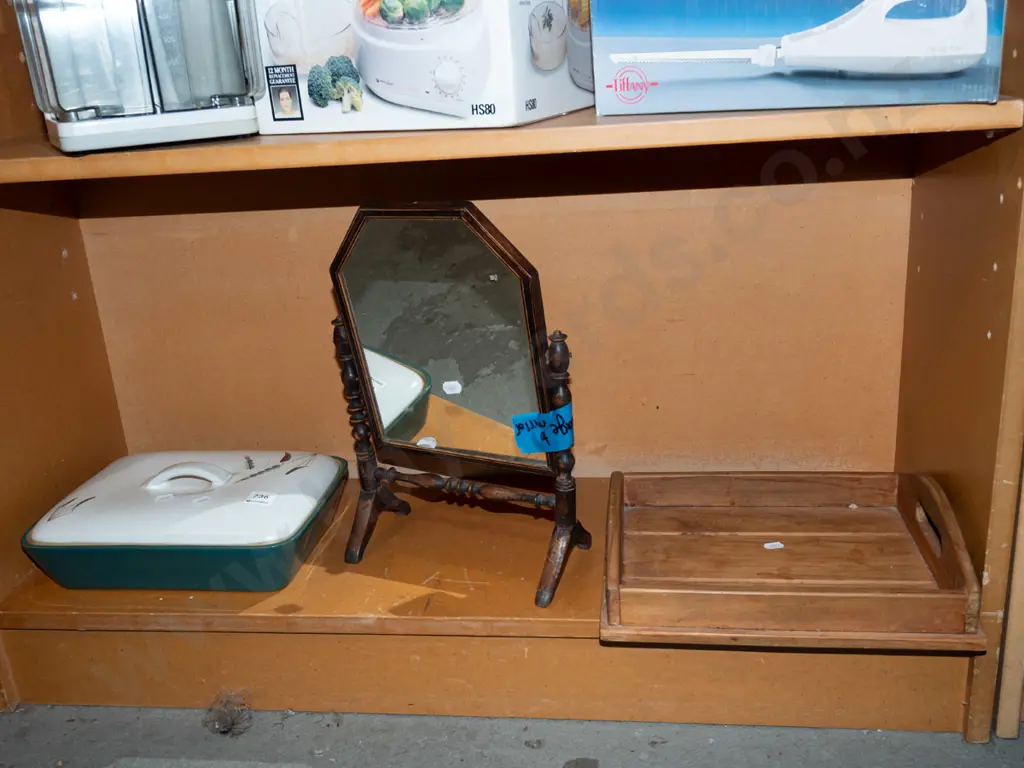 cheval dressing mirror - needs attention, Denby lidded casserole, small wooden tray Image 1++