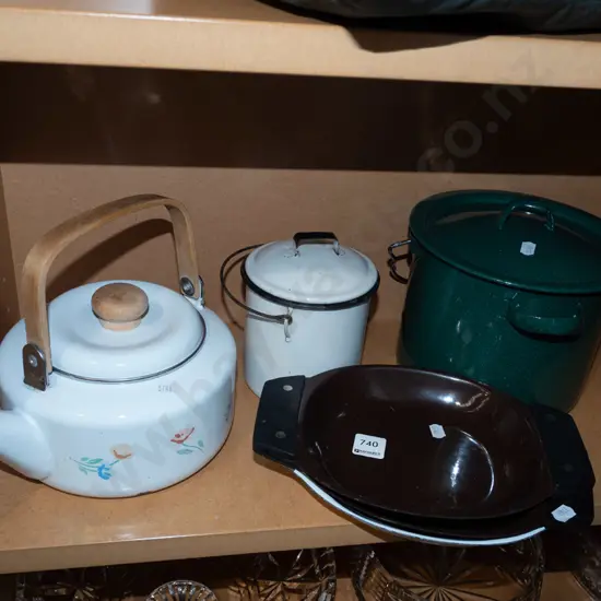 shelf; enamel plates, pots, teapot