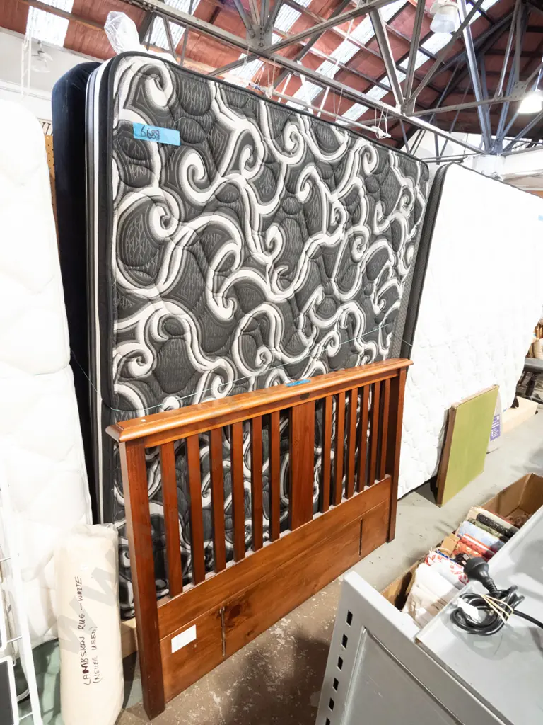queen bed base, mattress and pine headboard Image 1++