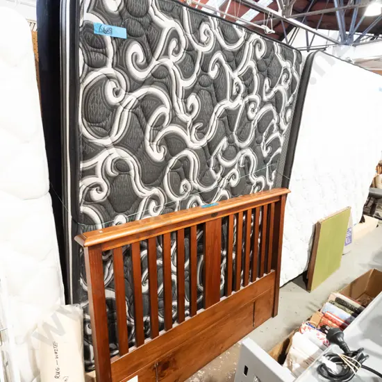 queen bed base, mattress and pine headboard
