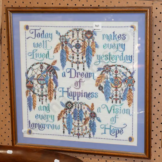 framed needleweork - dream catcher, mottos