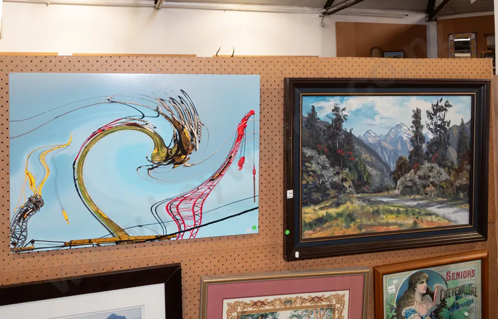 warped photo print on board, framed oil on board - mountain scene- green dots Image 1++