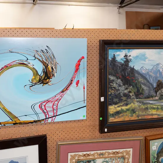 warped photo print on board, framed oil on board - mountain scene- green dots