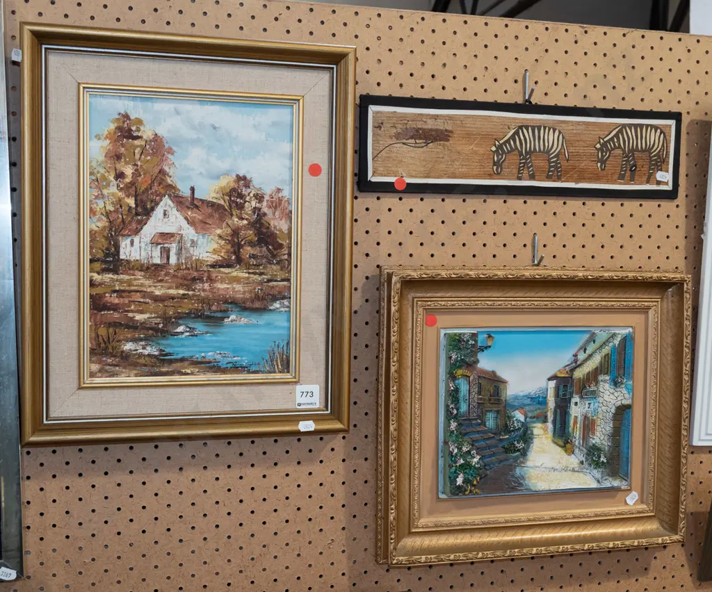 framed oil on board, framed collage, 3D plastic picture - red dots Image 1++