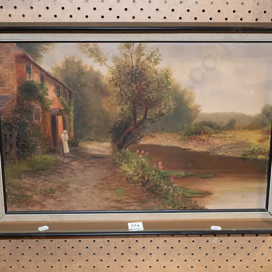 framed oil - country house by river