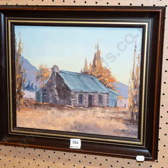 framed oil on board - stone cottage