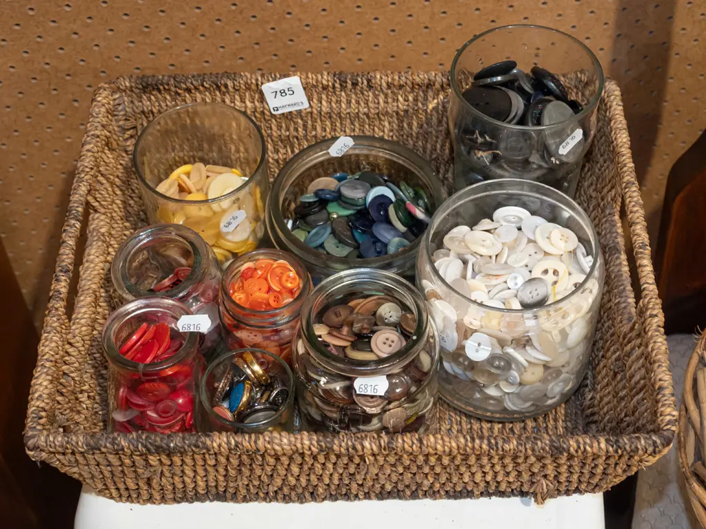 seagrass basket, jars of buttons Image 1++