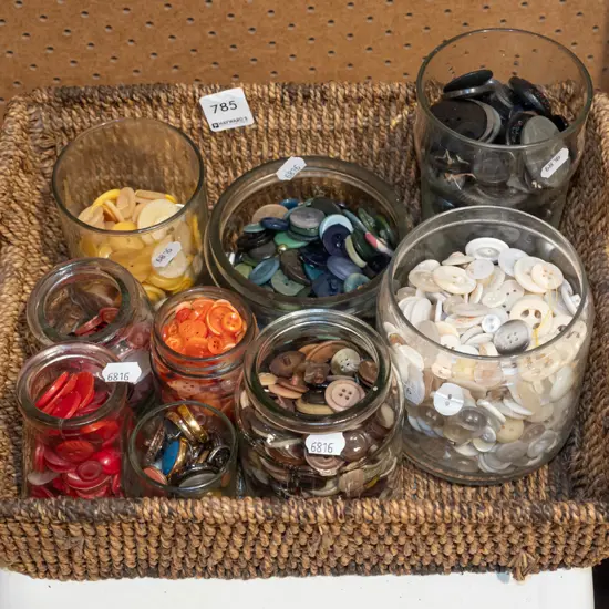 seagrass basket, jars of buttons