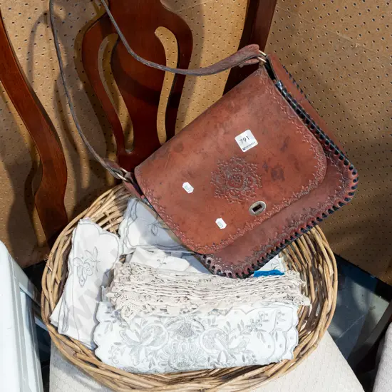 cane basket, leather hand bag etc