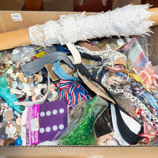 box of sewing accessories; zips, beading, buttons etc