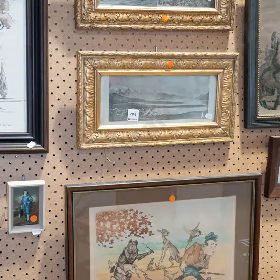 2x gilt framed reproduction prints - Lake Wakatipu, Wanaka, framed blue boy print, framed animals fighting back print - 