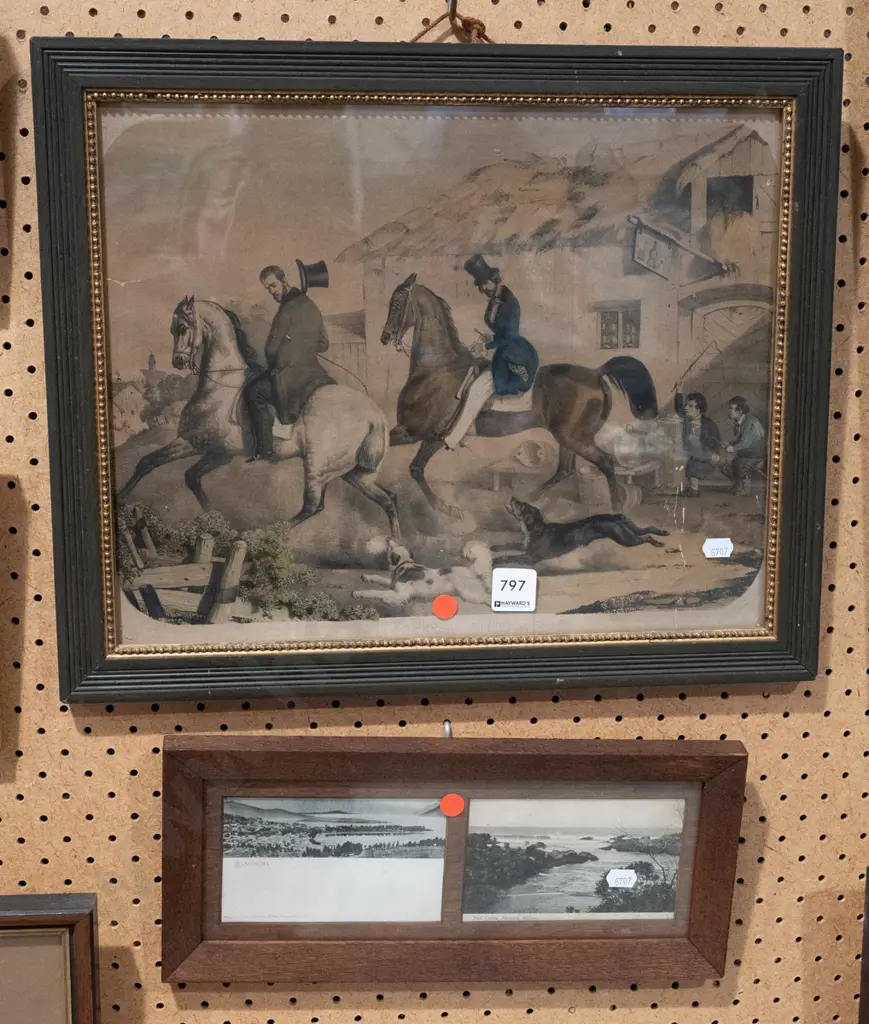 framed print - men on horses, oak framed print - postcards, Queenstown and Milton - red dots Image 1++