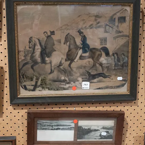 framed print - men on horses, oak framed print - postcards, Queenstown and Milton - red dots