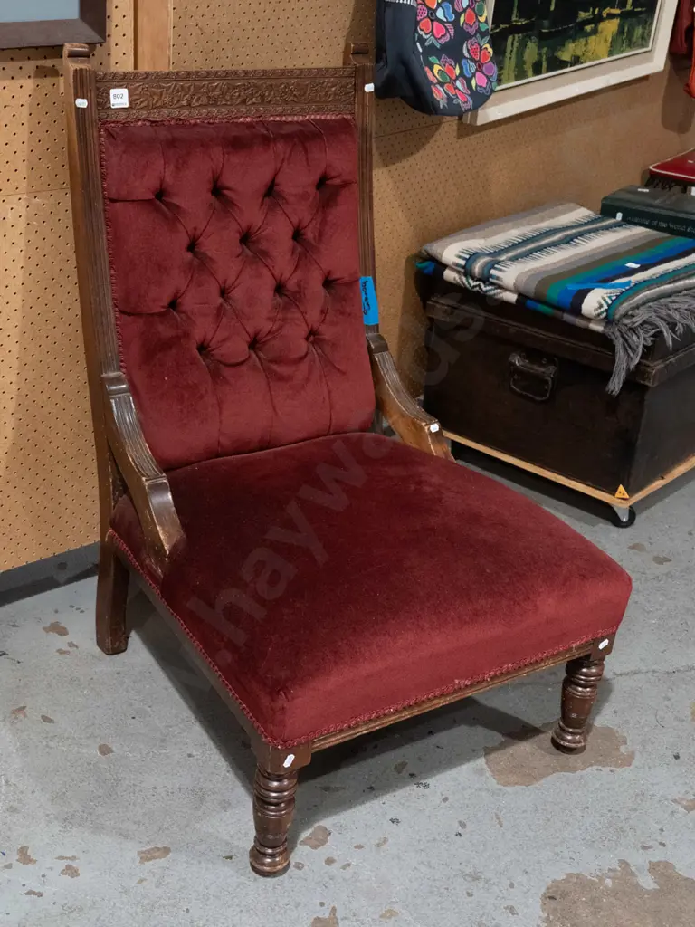turned leg deep buttoned red velvet fireside chair - borer Image 1++