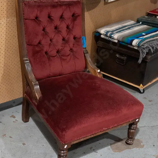 turned leg deep buttoned red velvet fireside chair - borer